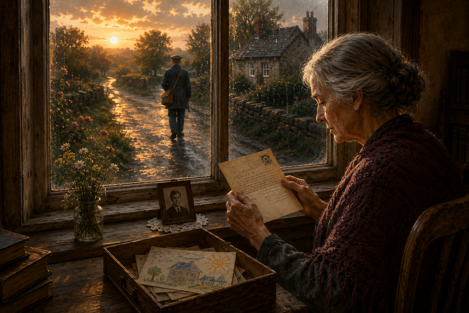 An elderly woman reading a long-awaited letter by the window