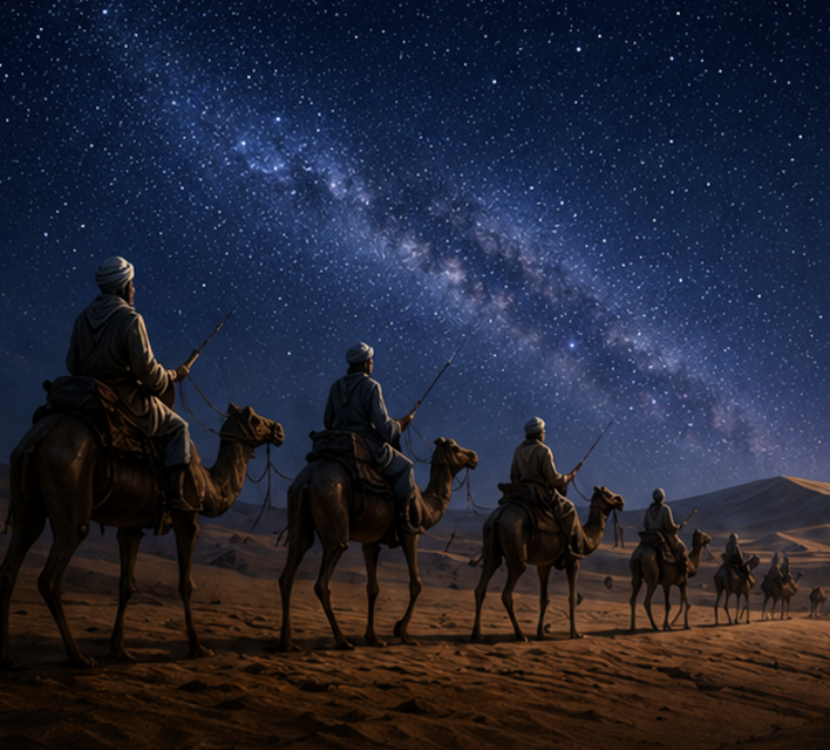 A caravan crossing the desert beneath the Milky Way