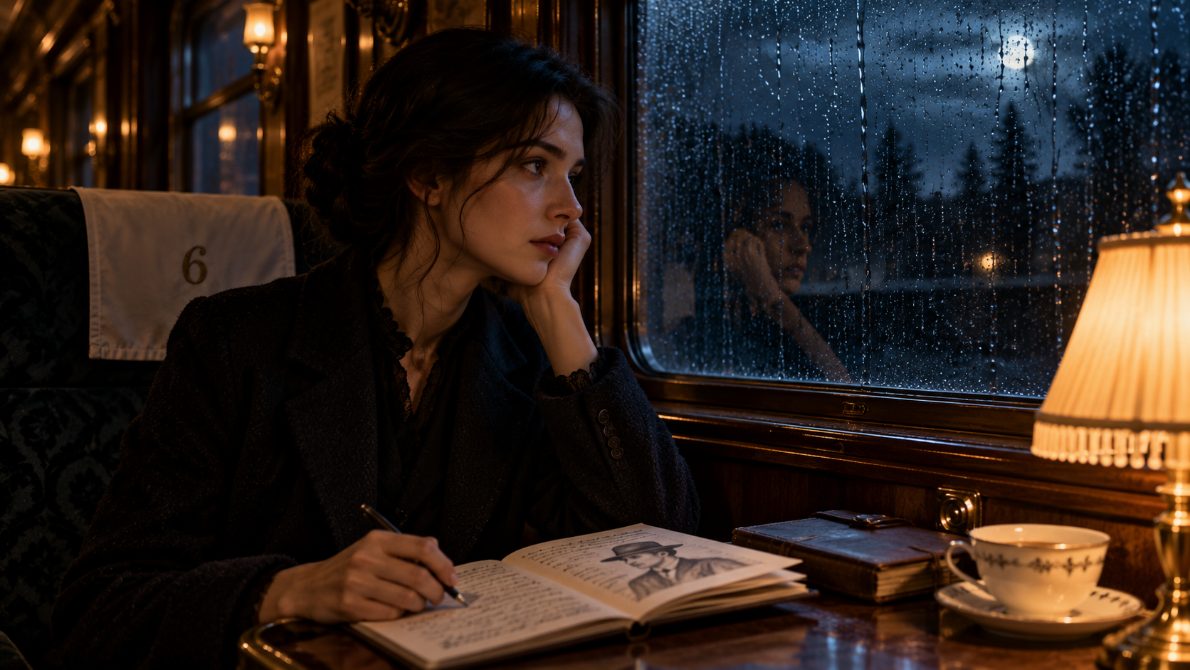 Clara looking through a rainy train window
