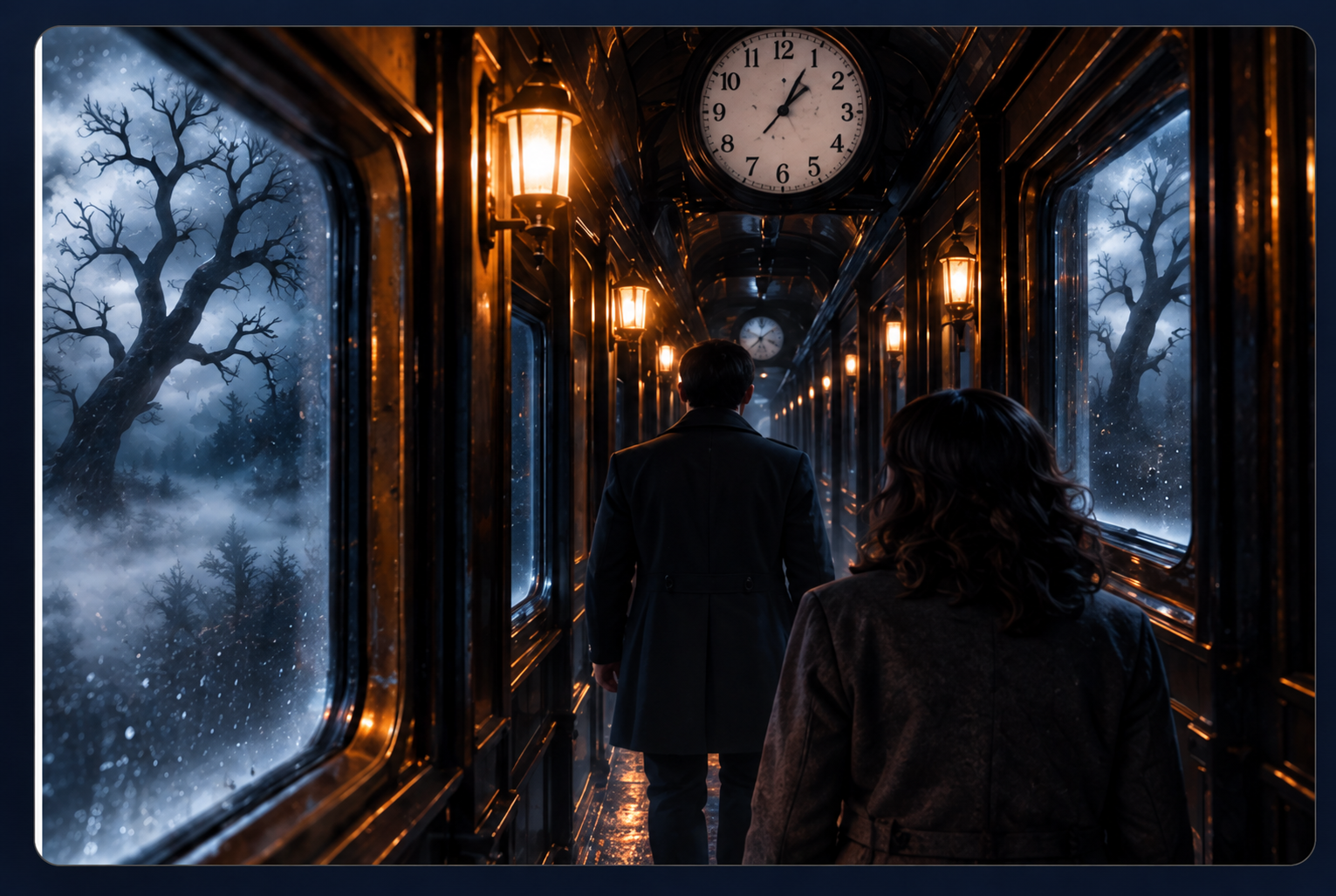 Daniel and Clara in the train corridor beneath a brass clock