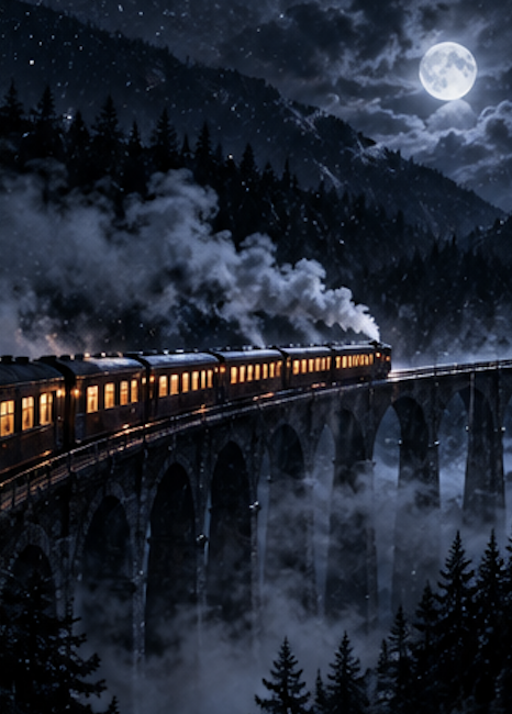 The train crossing the bridge at night