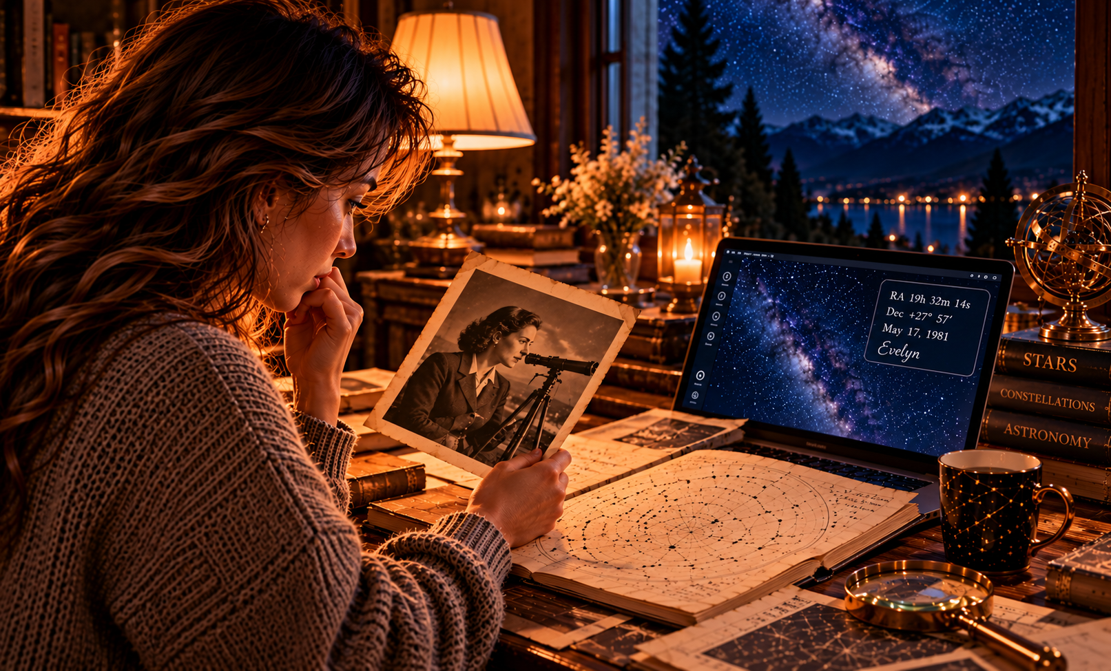 Evelyn checks the coordinates on a digital star map