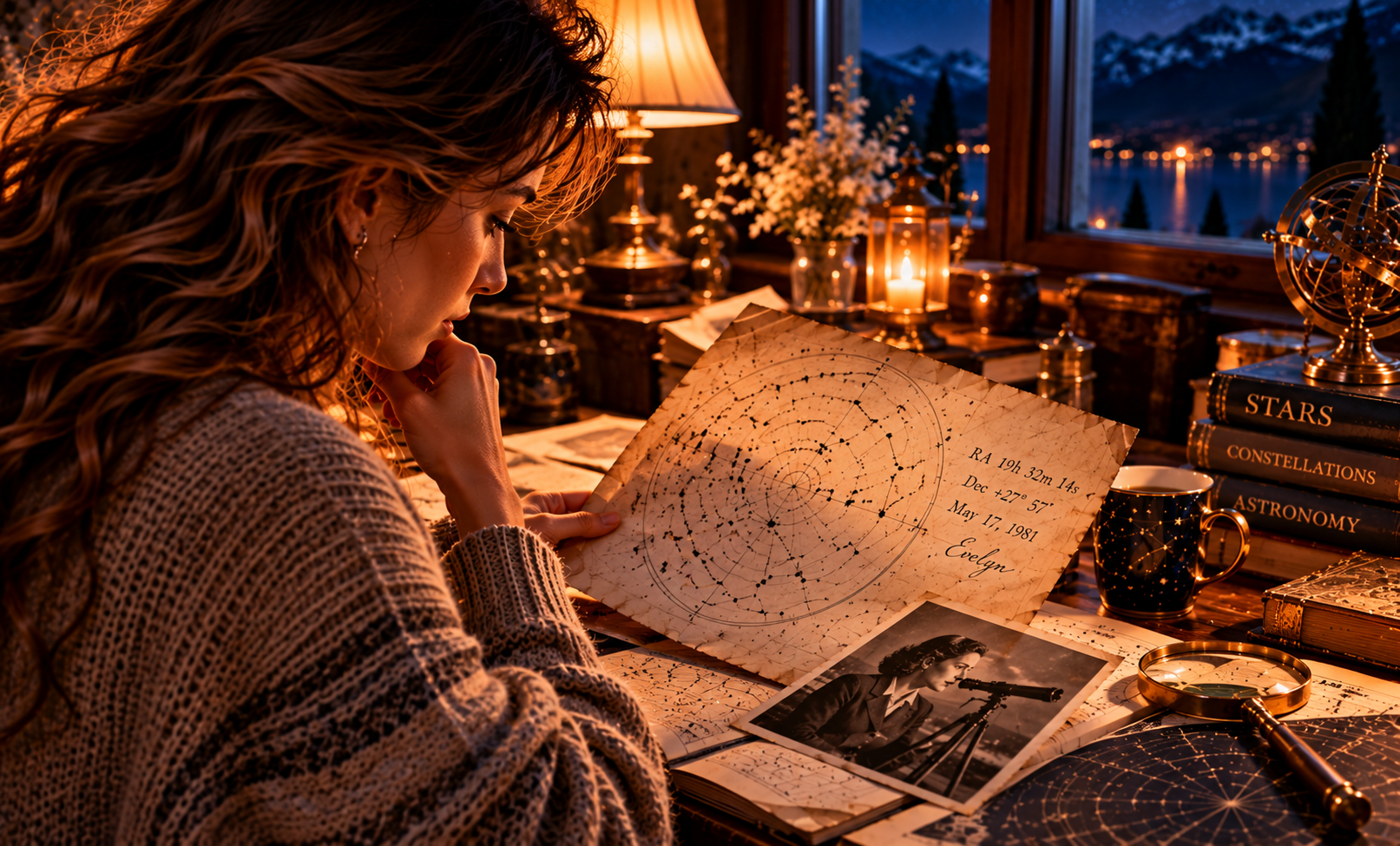 Evelyn looks out from Rose's study toward the night sky